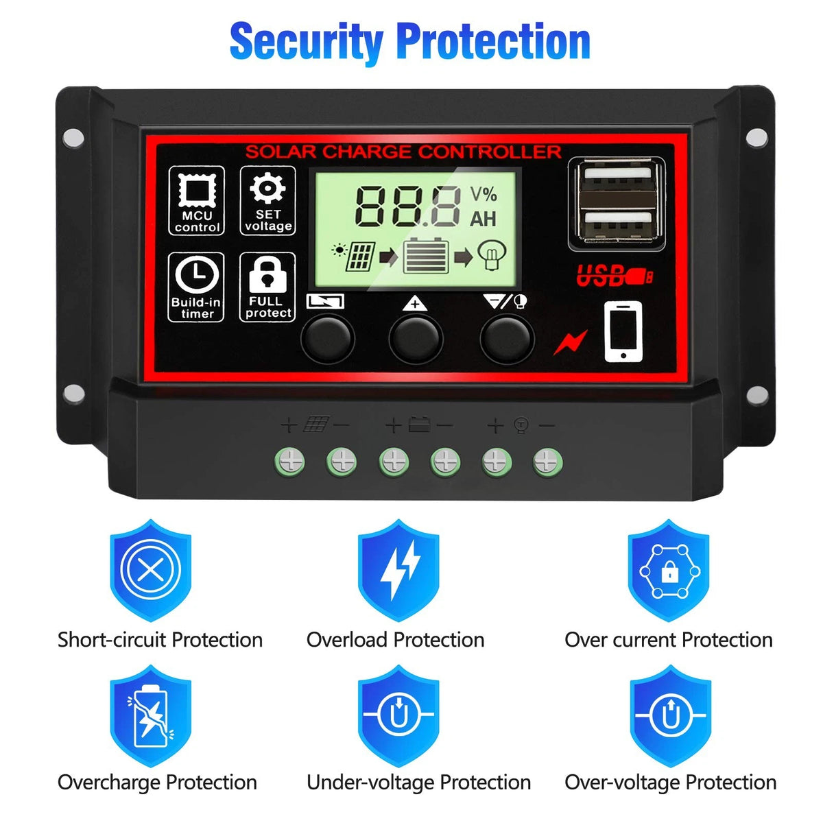 [Upgraded] 30A Solar Charge Controller, Black Panel 30A, red|black