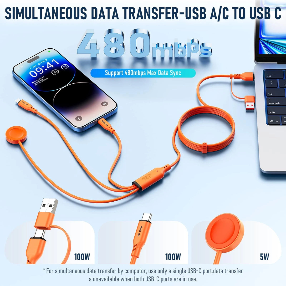 Travel Essentials 3 in 2 Multi Charging Cable 100W USB A/C to Dual Orange