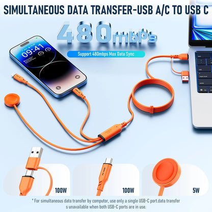 Travel Essentials 3 in 2 Multi Charging Cable 100W USB A/C to Dual Orange