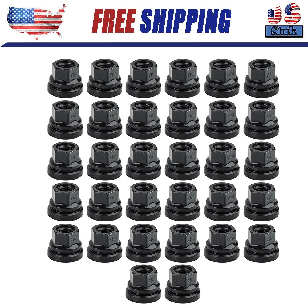 32PCS Black Wheel Lug Nuts 14x1.5 Flat Washer Fit Ford F250 F350 2003-2023