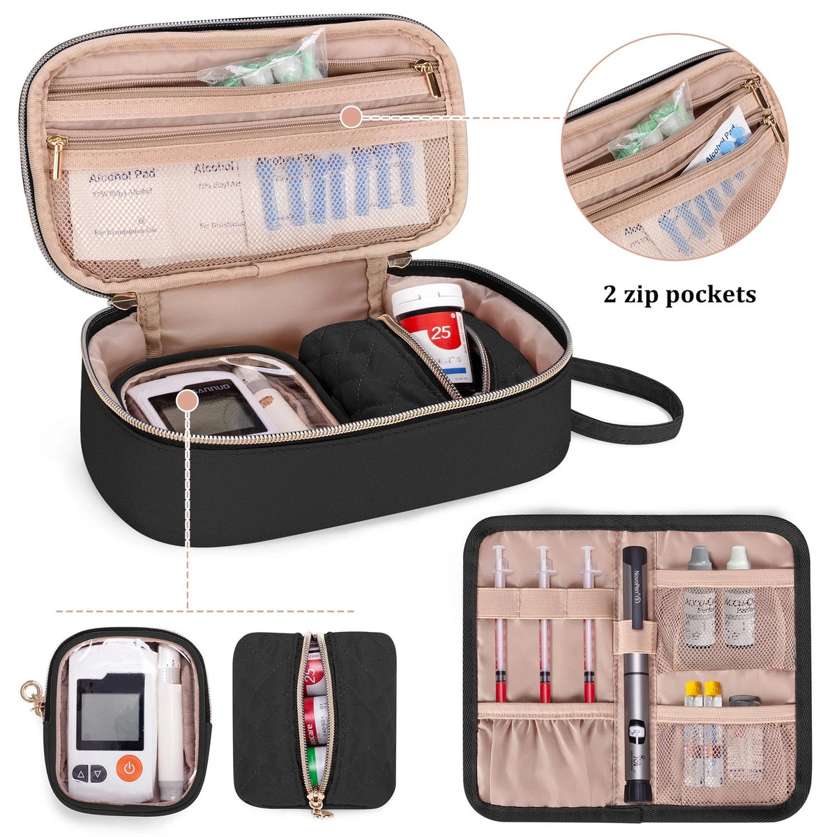 Yarwo Diabetic Travel Case for Blood Glucose 8.3 x 4.5 x 3 inches, Black