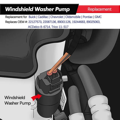 89001126 Front or Rear Windshield Washer Pump w/Grommet Replacement 22127573