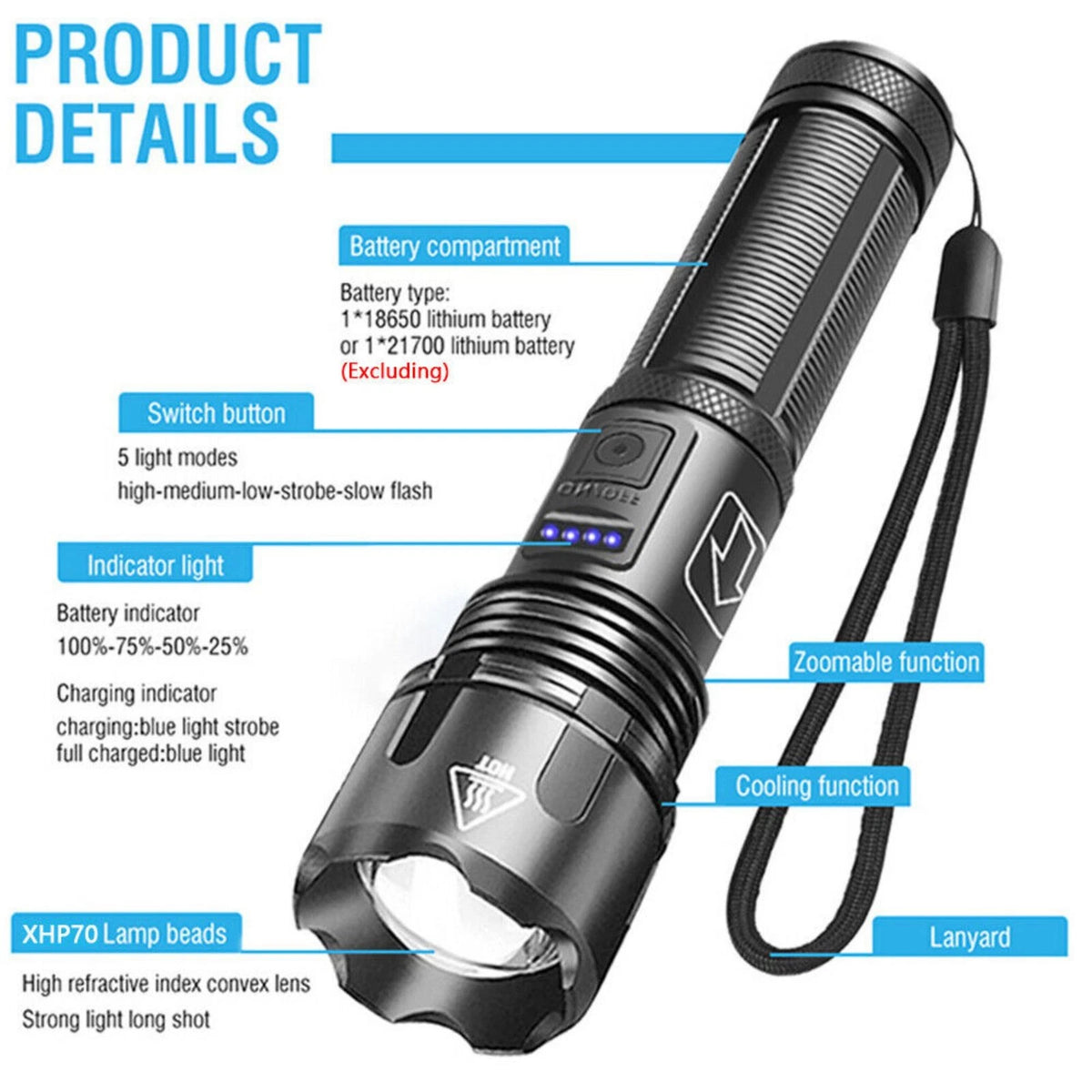 1000 lumens Super Bright LED Flashlight Tactical Rechargeable Waterproof