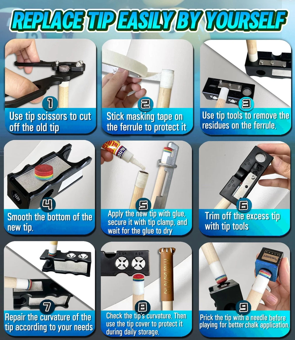 11-in-1 Pool Cue Tip Repair kit, Professional All-in-One pool stick 11 IN 1