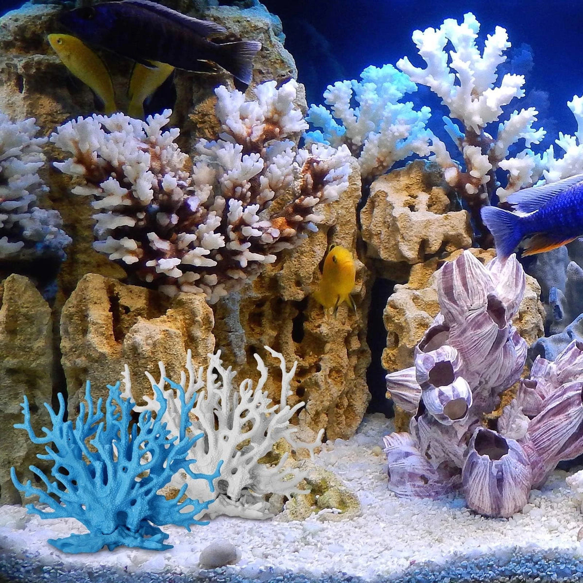 TkoYuHm 2 Pack Artificial Coral Reef Decor for Aquarium Blue and White