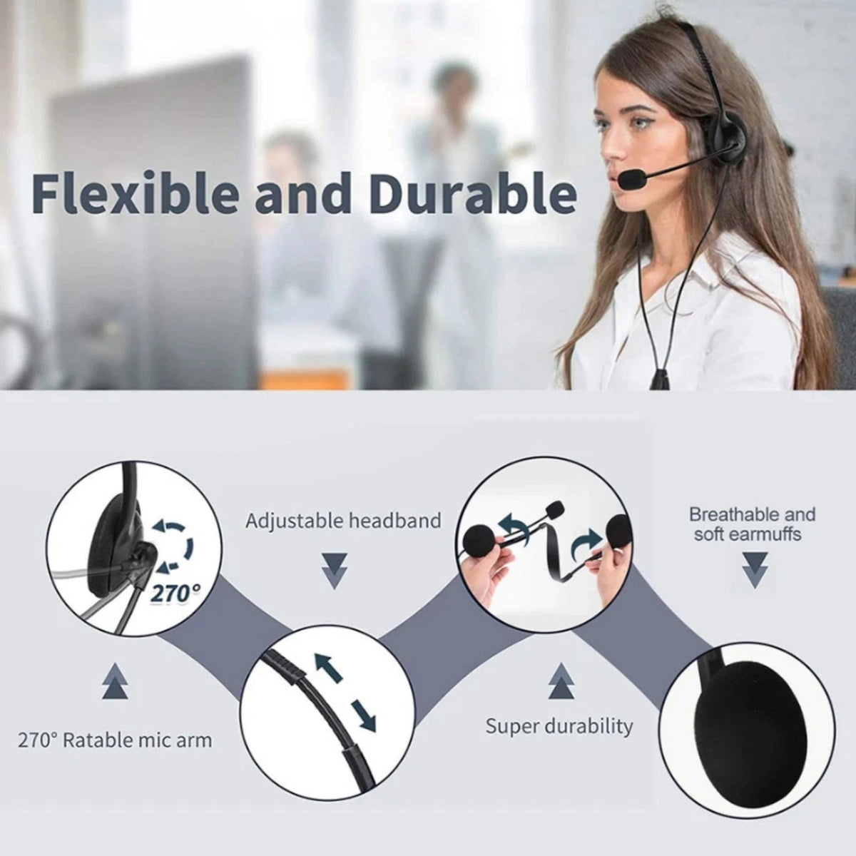 USB Headphone With Flexible Microphone Boom For Customer Service Job Call Center