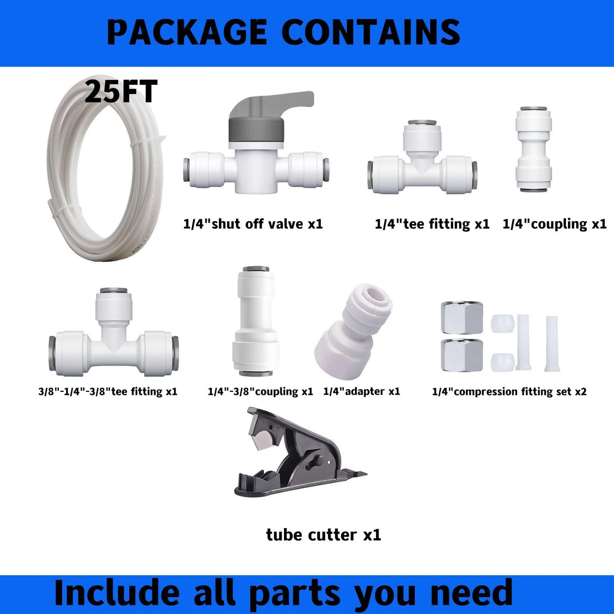 Refrigerator Water Line Kit Connection and 1/4 Compression 25FT+11PCS, White