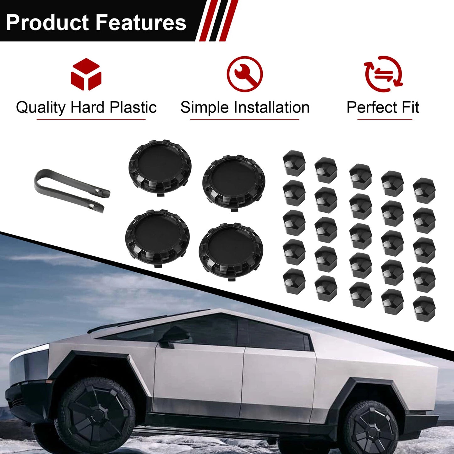 For Tesla Cybertruck Lug Nut Covers & Center Caps (24 Lugs + 4 Caps ) - Glossy