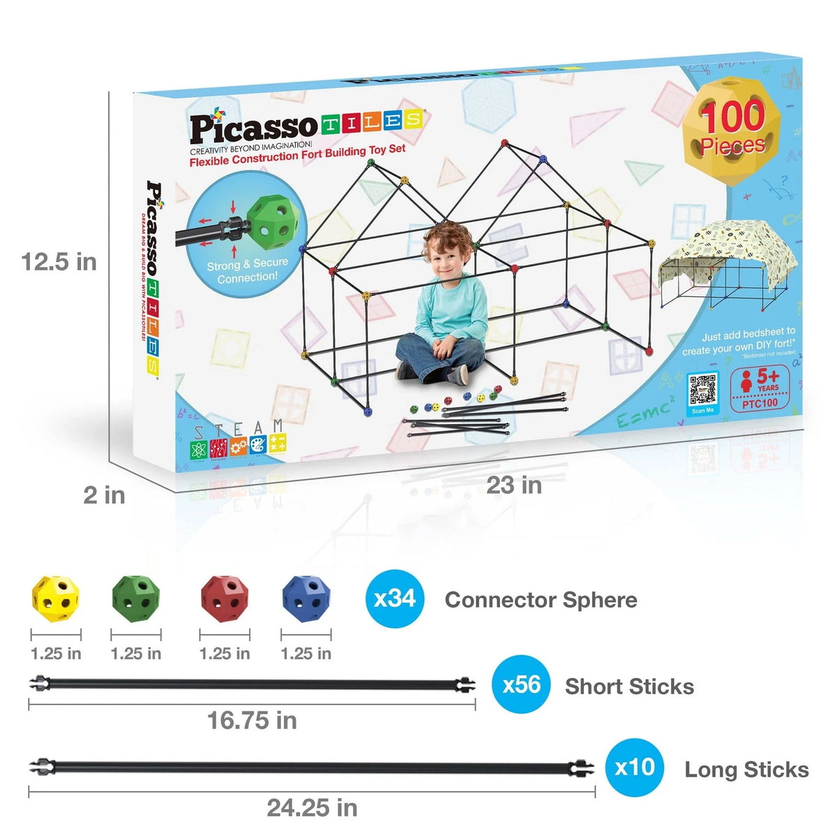 PicassoTiles Kids Fort 23*12.75*2in, Multi-purpose and Tunnel Structure