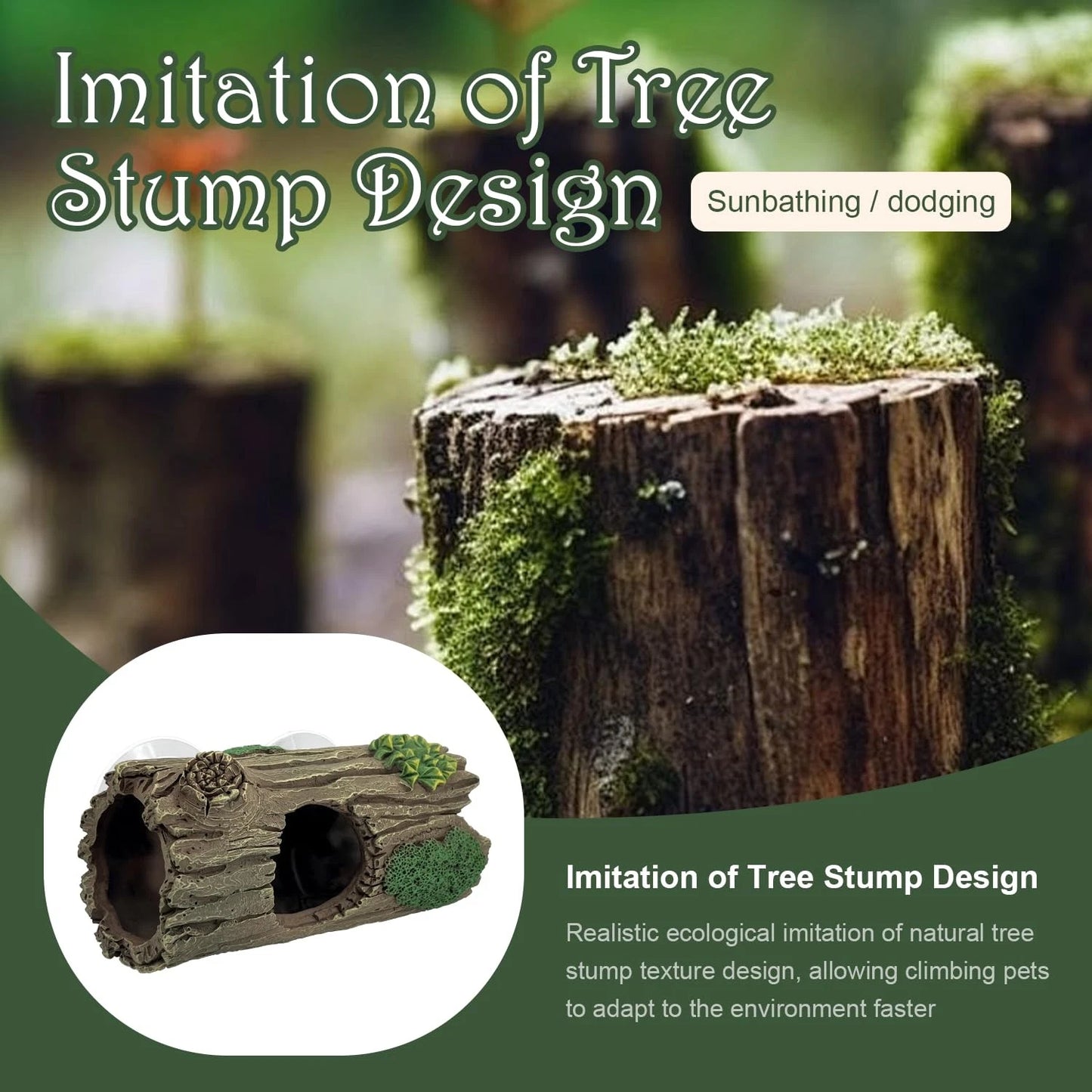 Reptile Hide, Resin Hollow Log Cave with Two Strong Suction Cups,Gecko brown