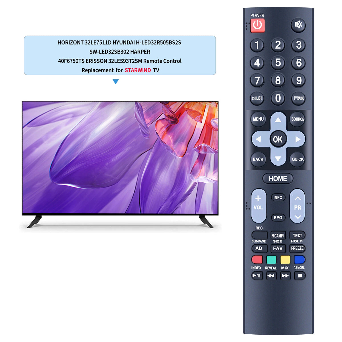 Remote Control For Horizont 32LE7511D,Hyundai H-LED32R505BS2S,StarWind TV