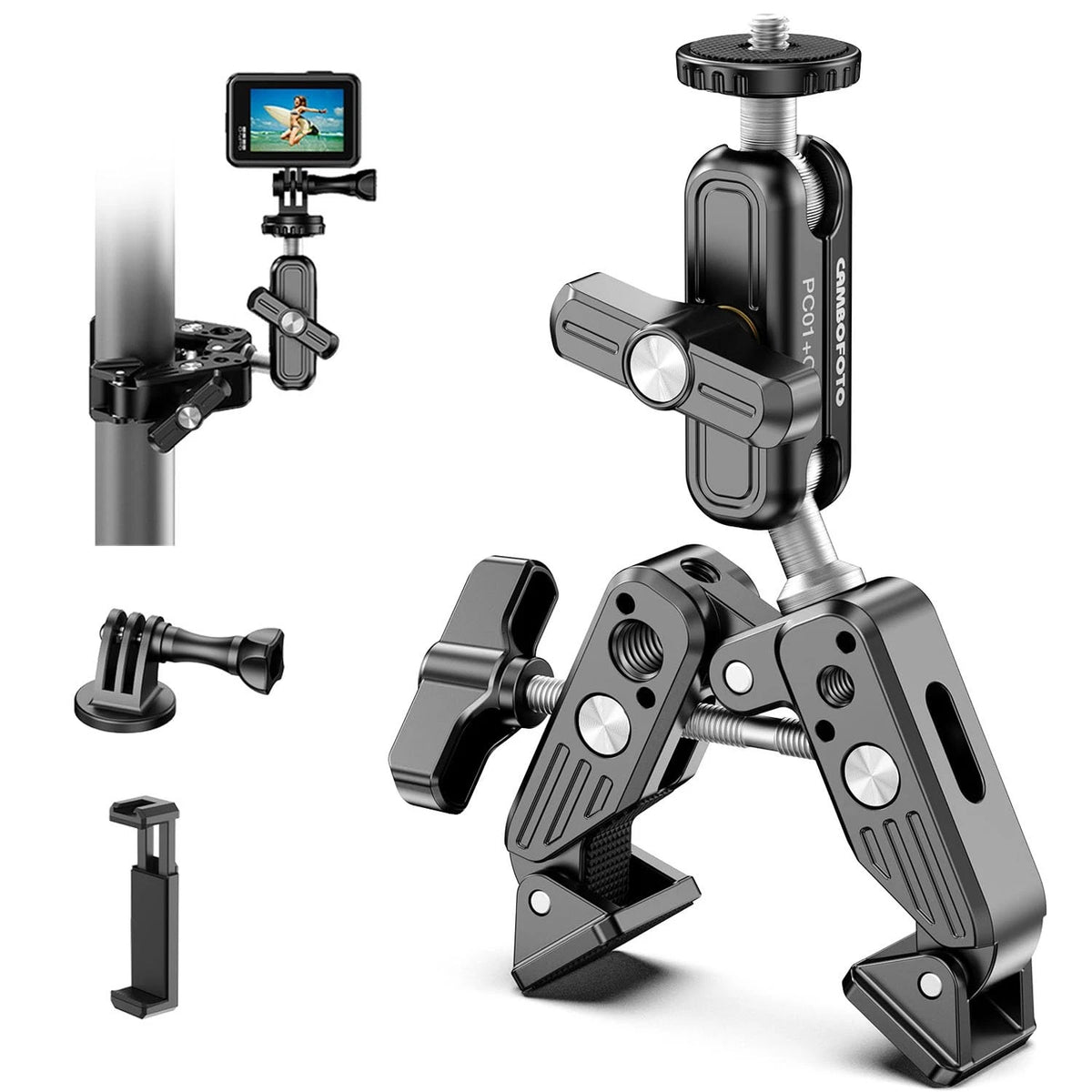 Super Clamp Camera Mount, 360° Dual Ballhead Magic Arm, 1/4"-20 & Black