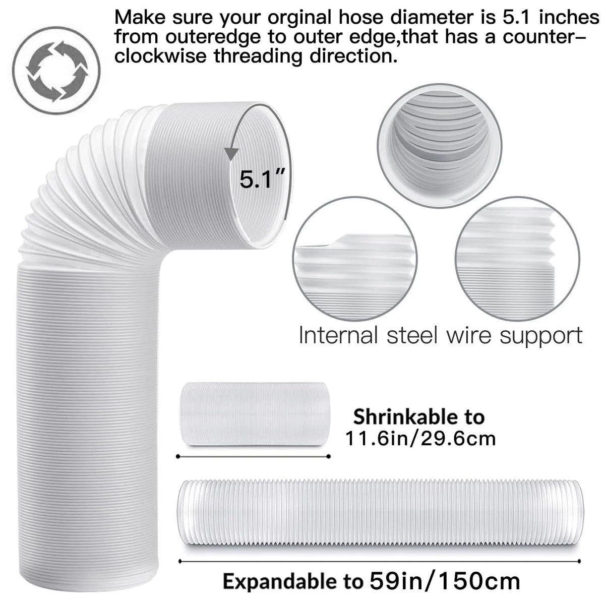 Gulrear 95"Sliding Max Height 95" with Φ 5.1" Hose+Universal Coupler, White