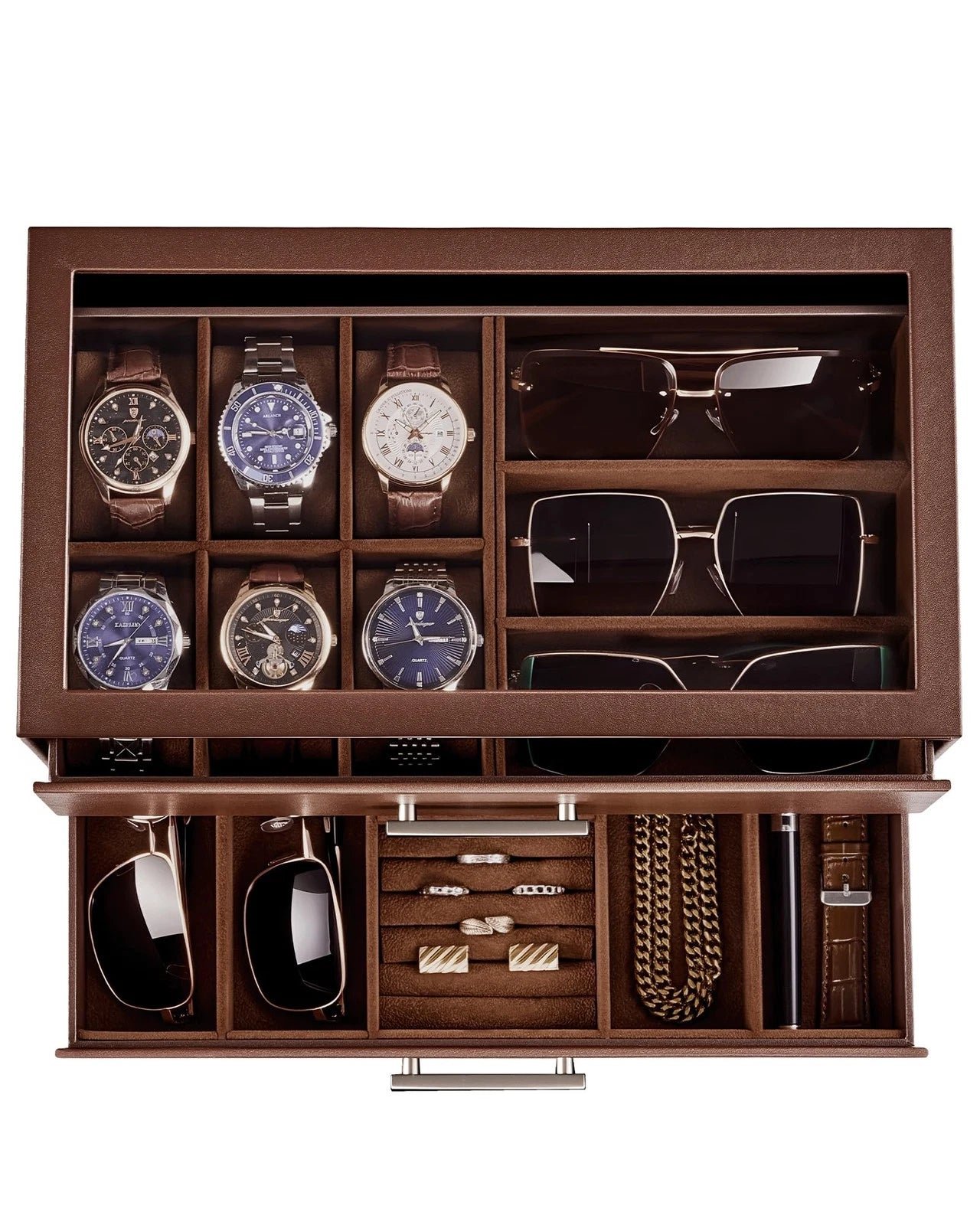 ProCase Mens Jewelry Box Pull-Out Drawer, 6 Slot Watch Case & 5 Espresso