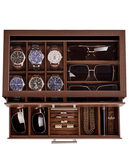 ProCase Mens Jewelry Box Pull-Out Drawer, 6 Slot Watch Case & 5 Espresso