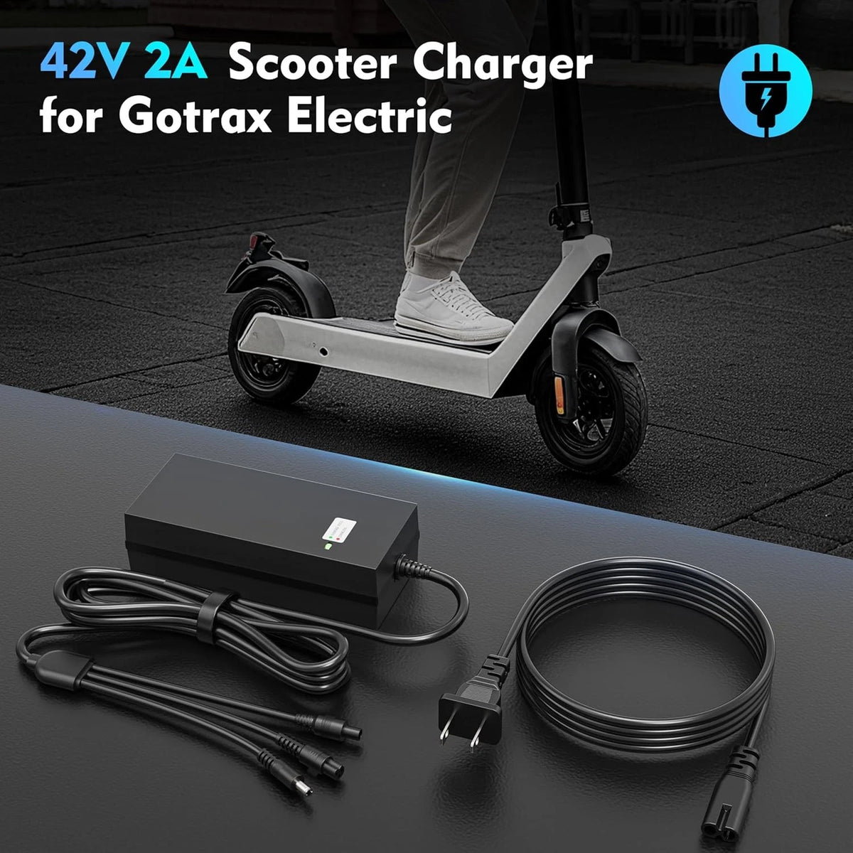 42V 2A Charger 3 Plugs(8mm 3-Prong, 5.5mm DC 2 Plugs for 36V Lithium