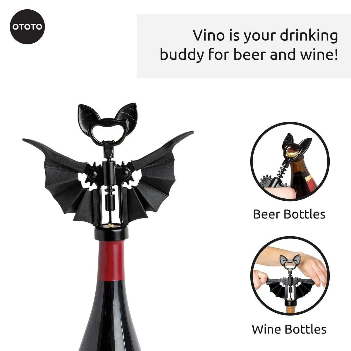 OTOTO Vino Spooky Bat 2-in-1 Wine & Beer Opener, Corkscrew & One Size, Black