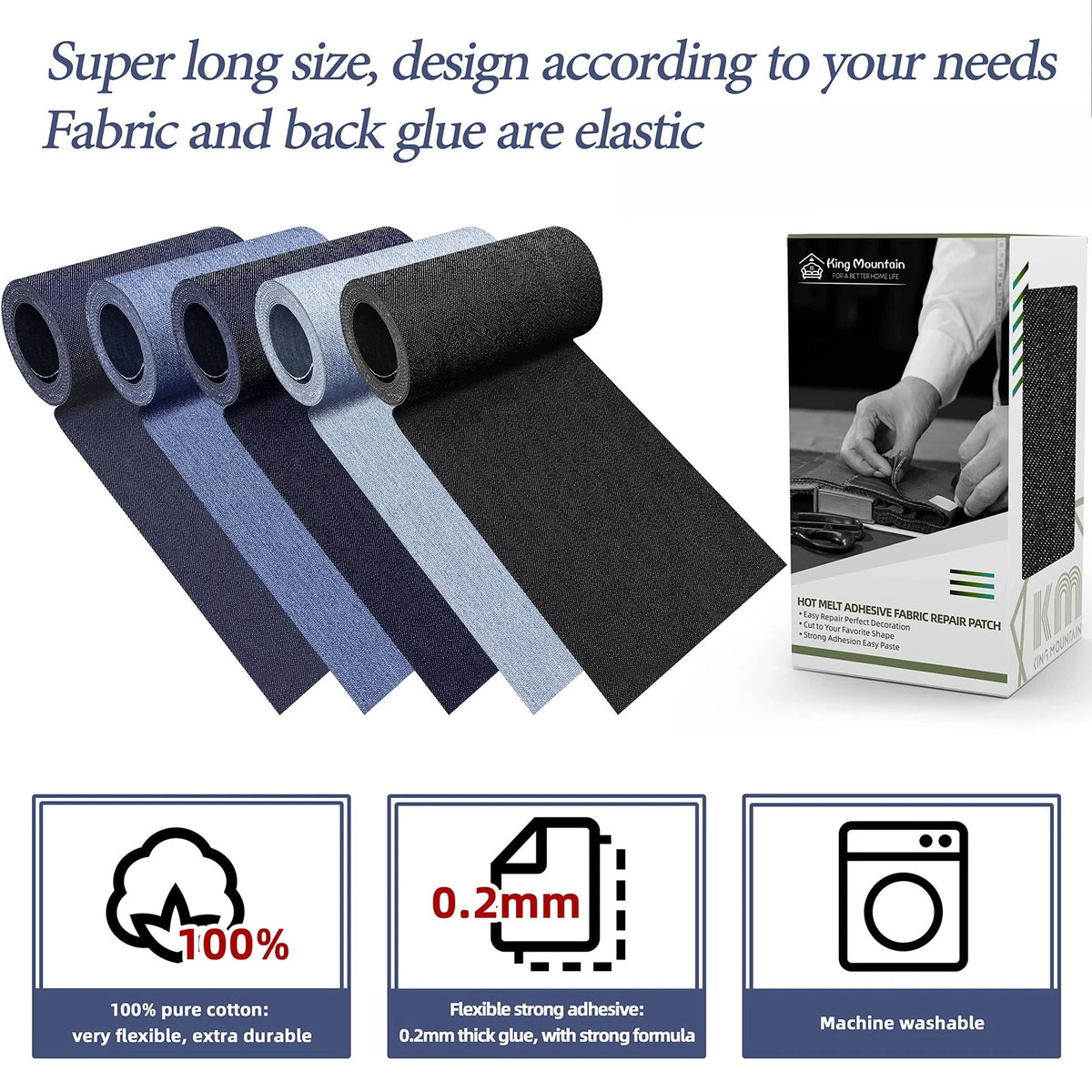 KING MOUNTAIN Iron-on Repair Patch,3"x60" Cotton Denim-3"x60", Black