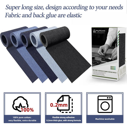 KING MOUNTAIN Iron-on Repair Patch,3"x60" Cotton Denim-3"x60", Black