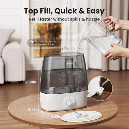 Provirtec 6.5L Stay Clean Tank Humidifier for Large Room, Low 6.5L, White