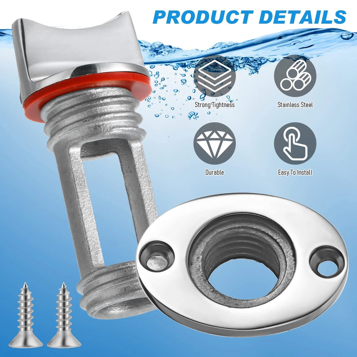 Ripeng Boat Drain Plug Stainless Steel Marine Oval Garboard Red