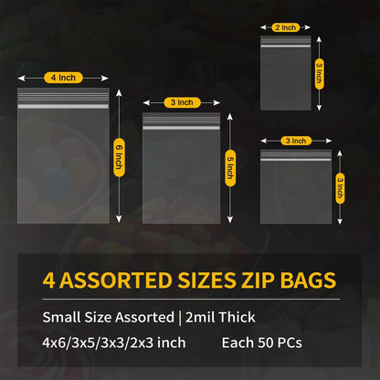 200 Pack Small Plastic Bags For Jewelry, 200pcs(2x3 3x3 3x5 4x6 Inch), clear
