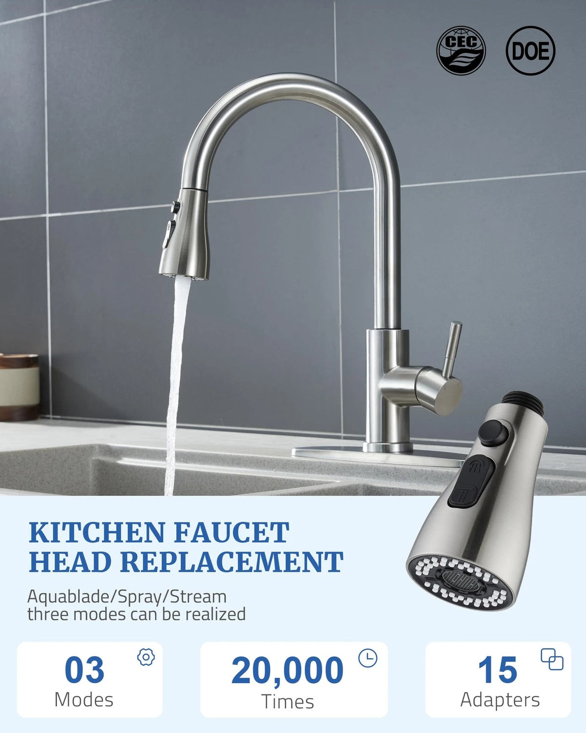 Kitchen Faucet Sprayer Head Replacement - Pull Down Brushed Nickel