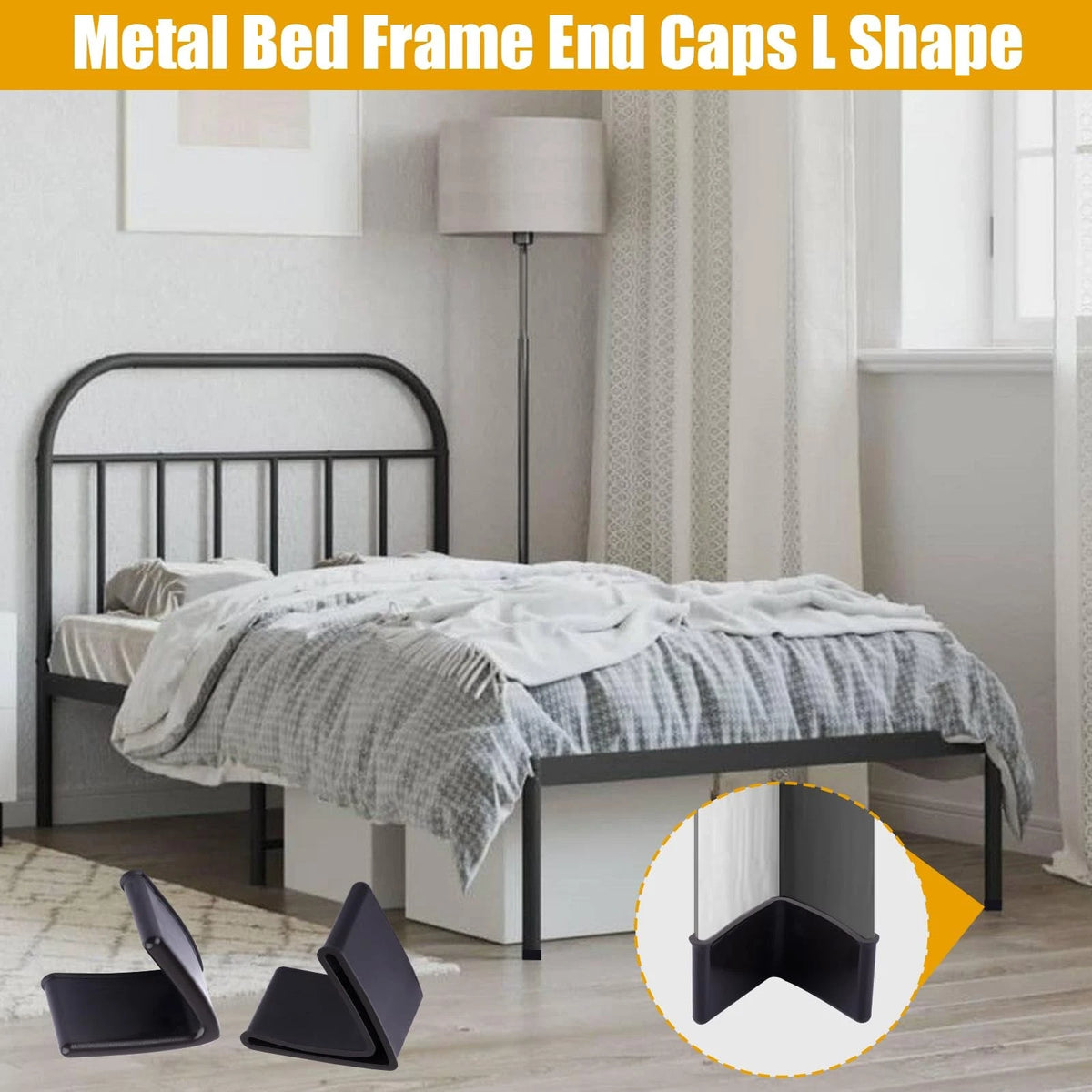 Metal Bed Frame End Caps, L Shape Rubber Caps for 1-1/2" x 1-1/2", Black