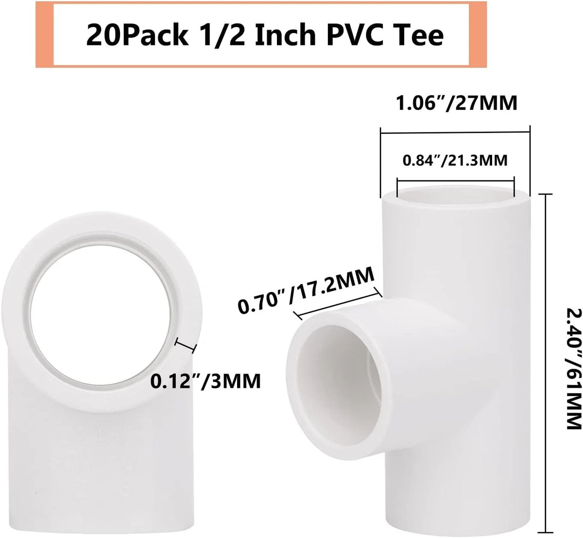 20 Pack 3 Way 1/2 Inch Tee PVC Fittings, 1/2inch SCH 40 1/2Inch, White
