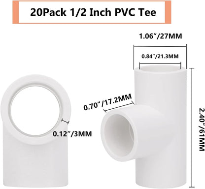 20 Pack 3 Way 1/2 Inch Tee PVC Fittings, 1/2inch SCH 40 1/2Inch, White