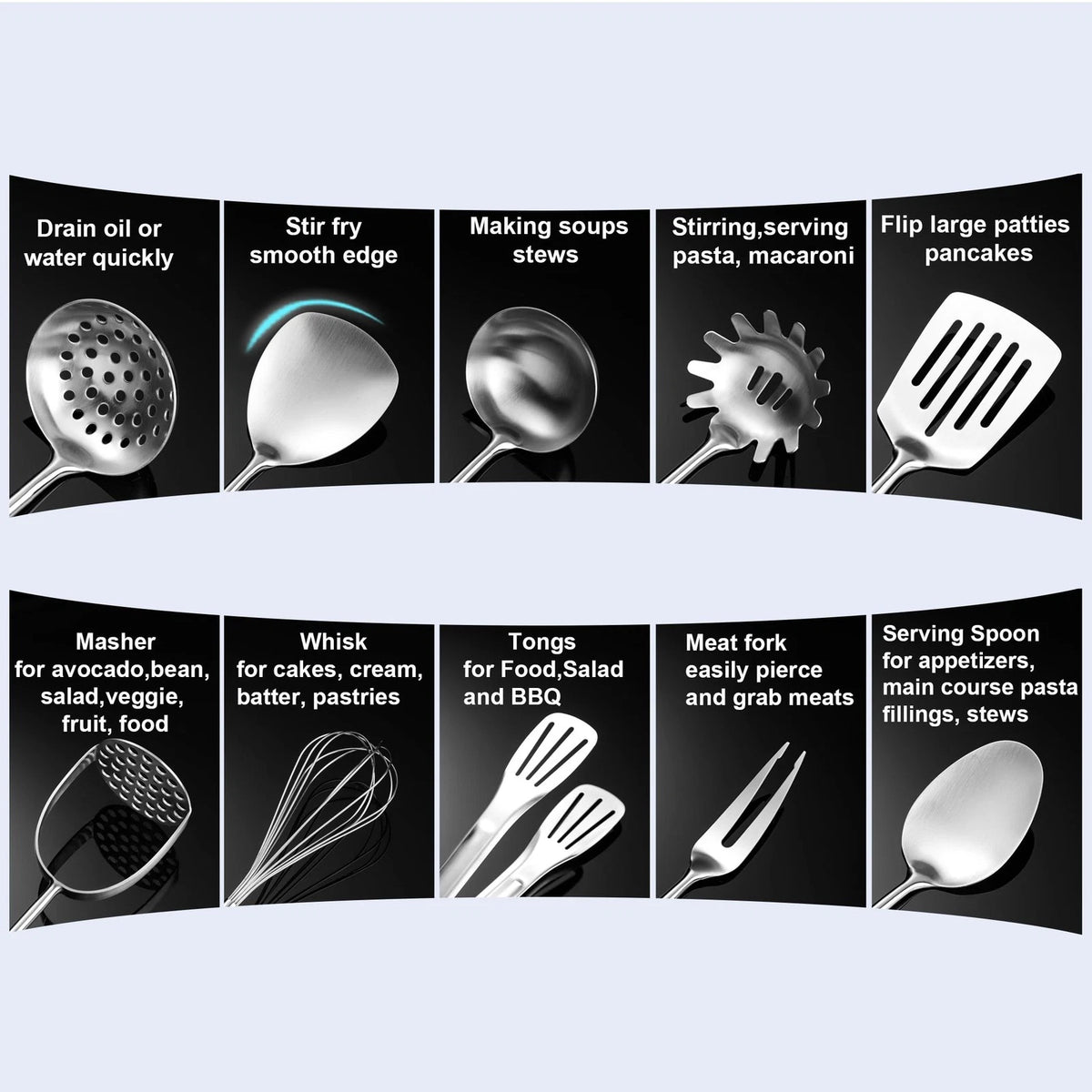 NIITAWH Stainless Steel Kitchen Utensils 12 Pcs, 11"-13.7"(12pcs), Brushed