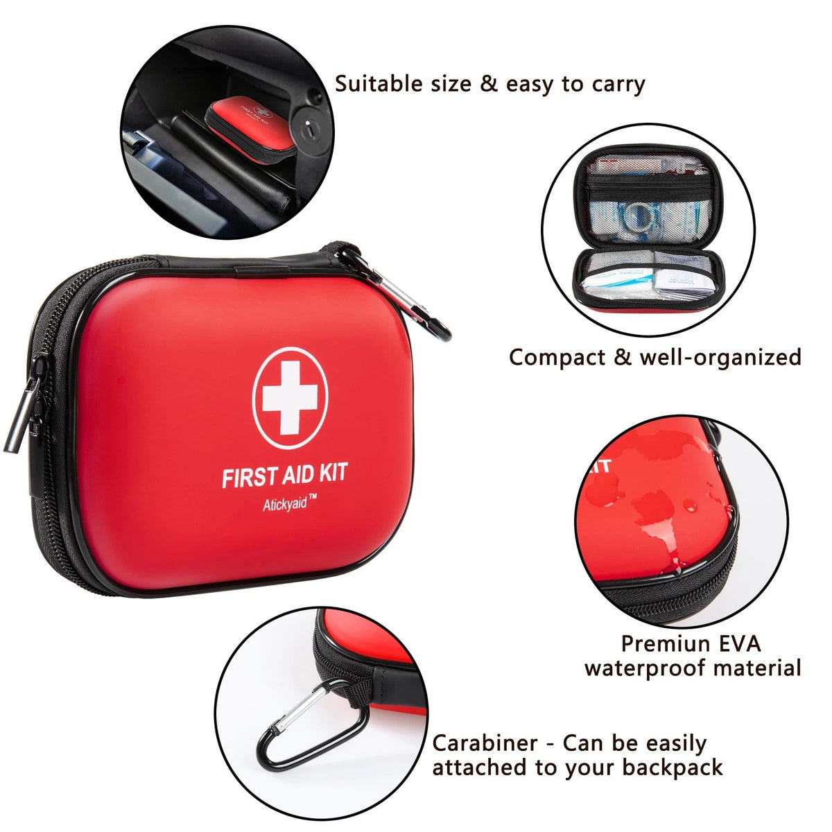 Mini First Aid Kit - 120 Piece Small Waterproof Hard Shell 120 Pieces, Red