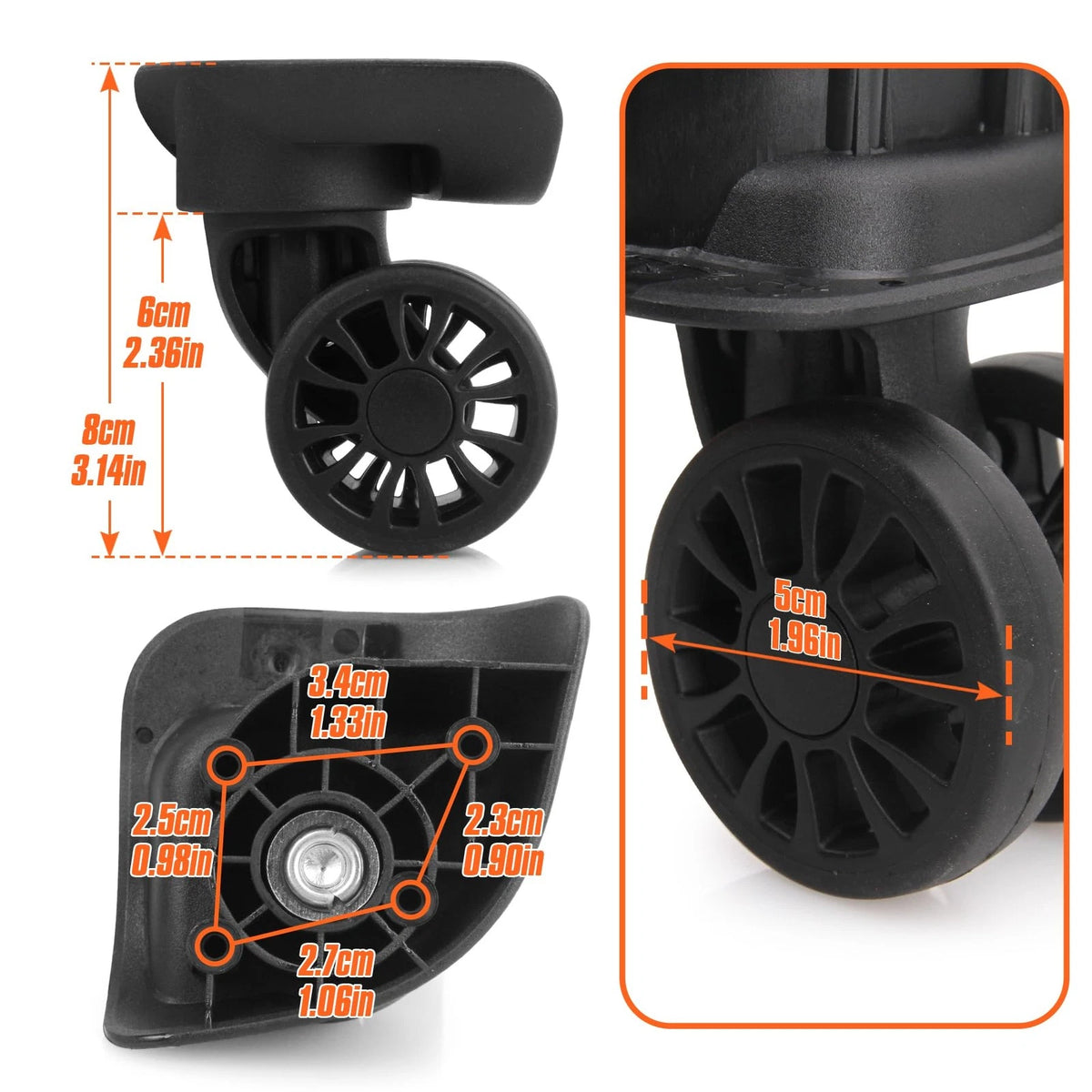Domiella 2pcs Luggage Replacement Wheels, Suitcase Swivel Repair 2pcs, Black