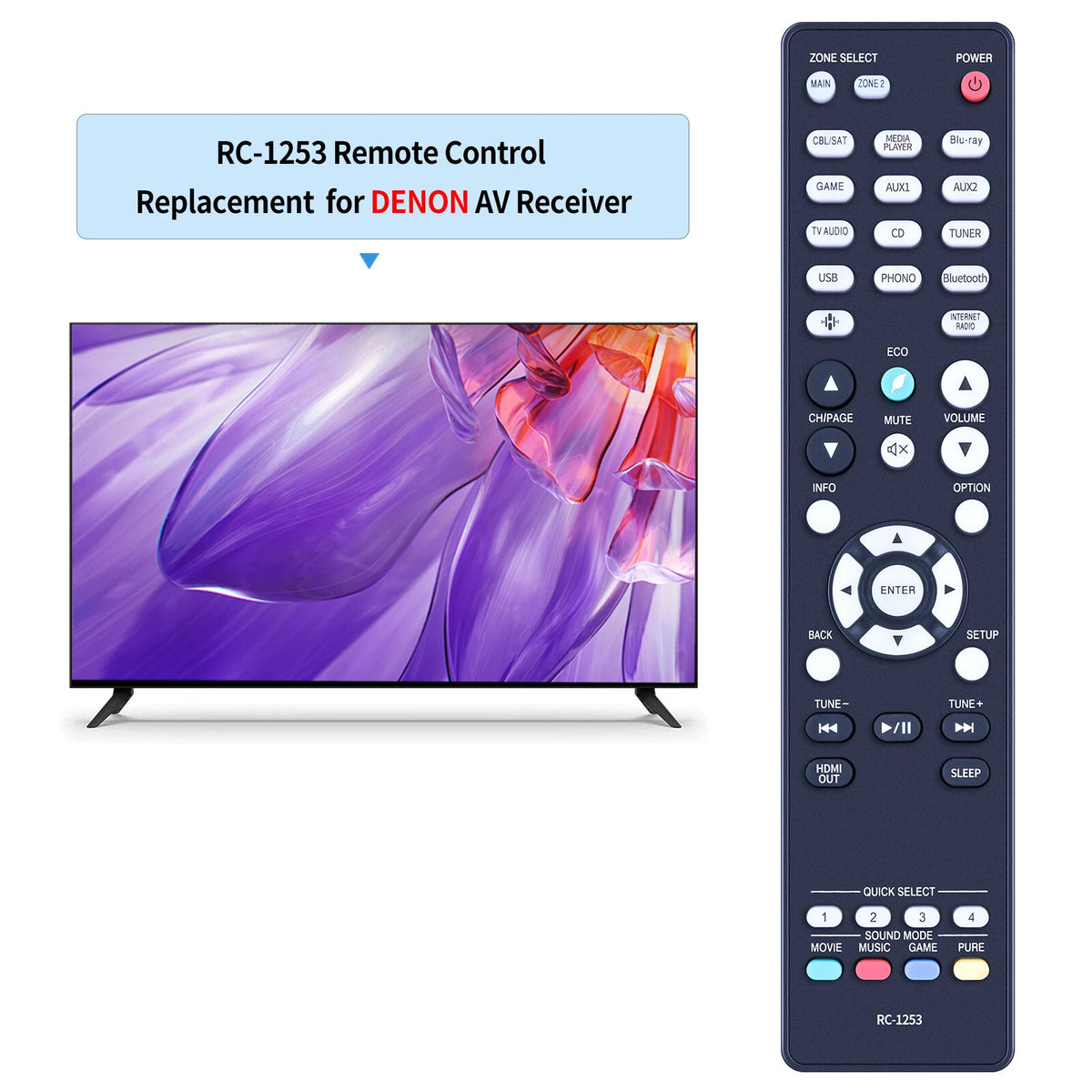 RC-1253 Remote Control For Denon 8K Ultra HD AV A/V Surround Receiver AVR-X2800H