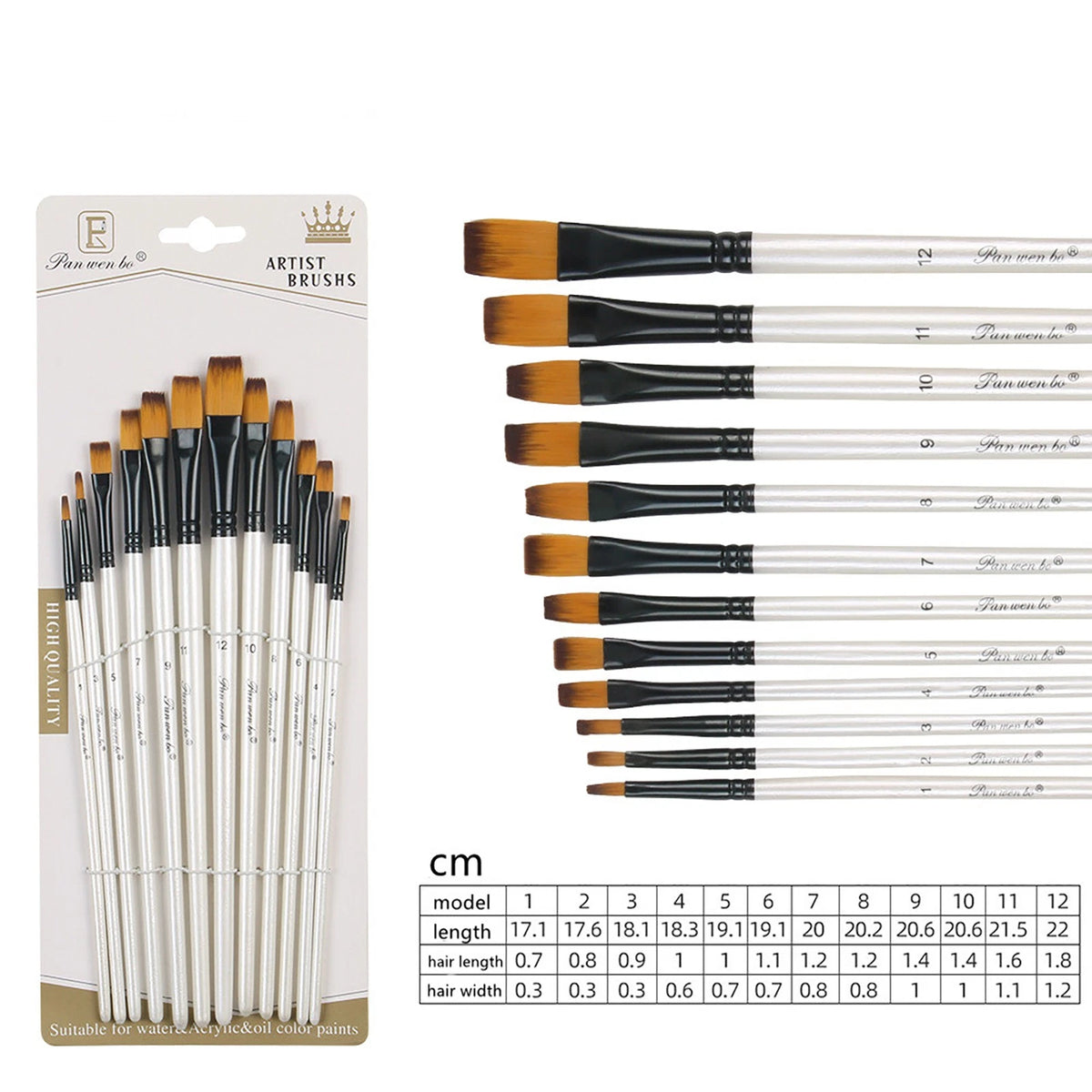 12Pcs Nylon Wool Artist Paint Brushes Fit For Watercolour Acrylic Gouache Tool
