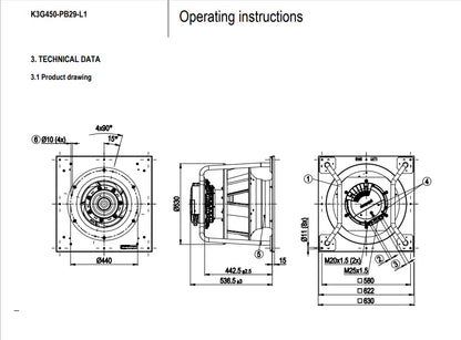 Ebmpapst K3G450-PB29-L1 Cooling Fan AC 400V 6800W ??450MM EC AHU Centrifugal Fan
