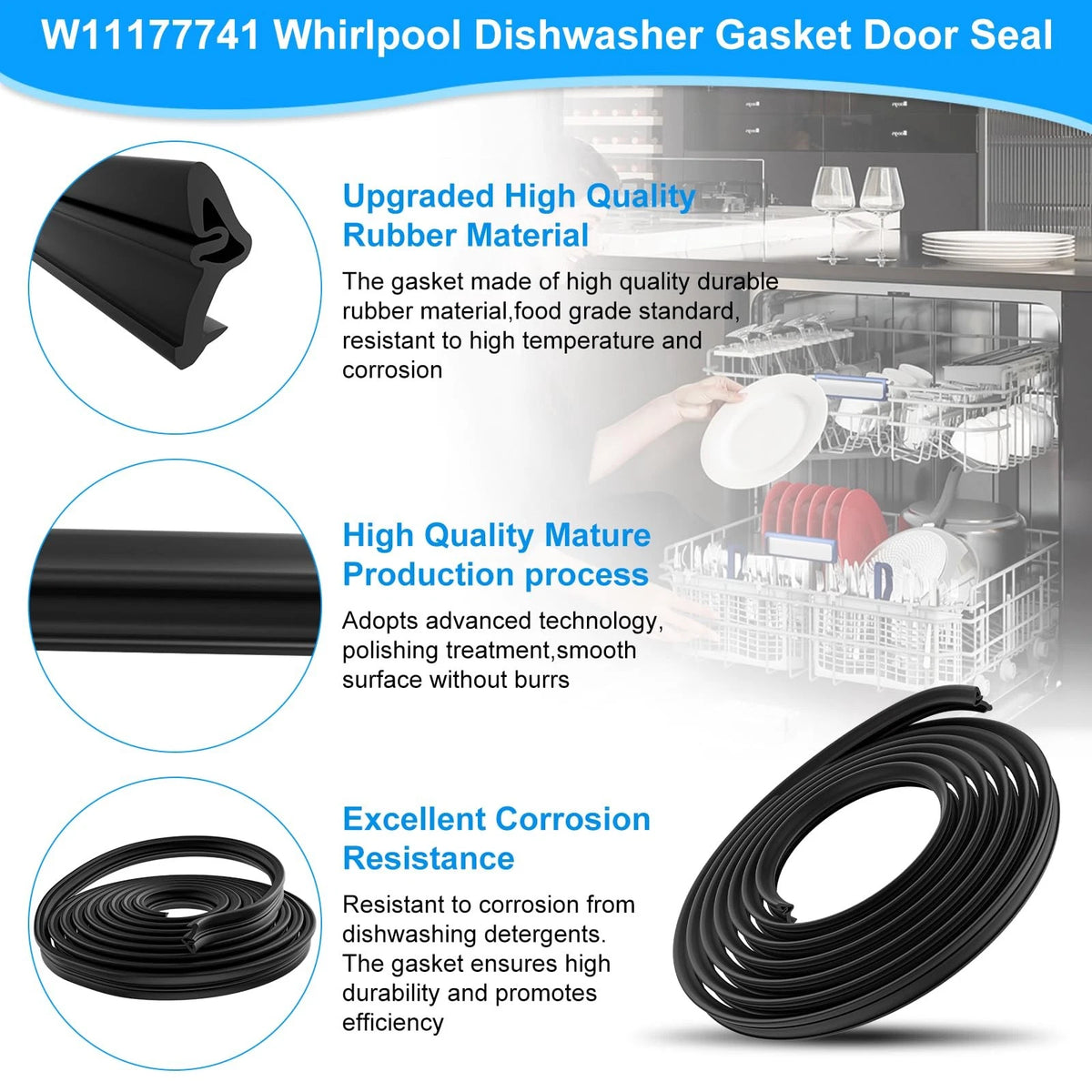 UPGRADED W11177741 Dishwasher Gasket Door Seal Compatible with Whirlpool...