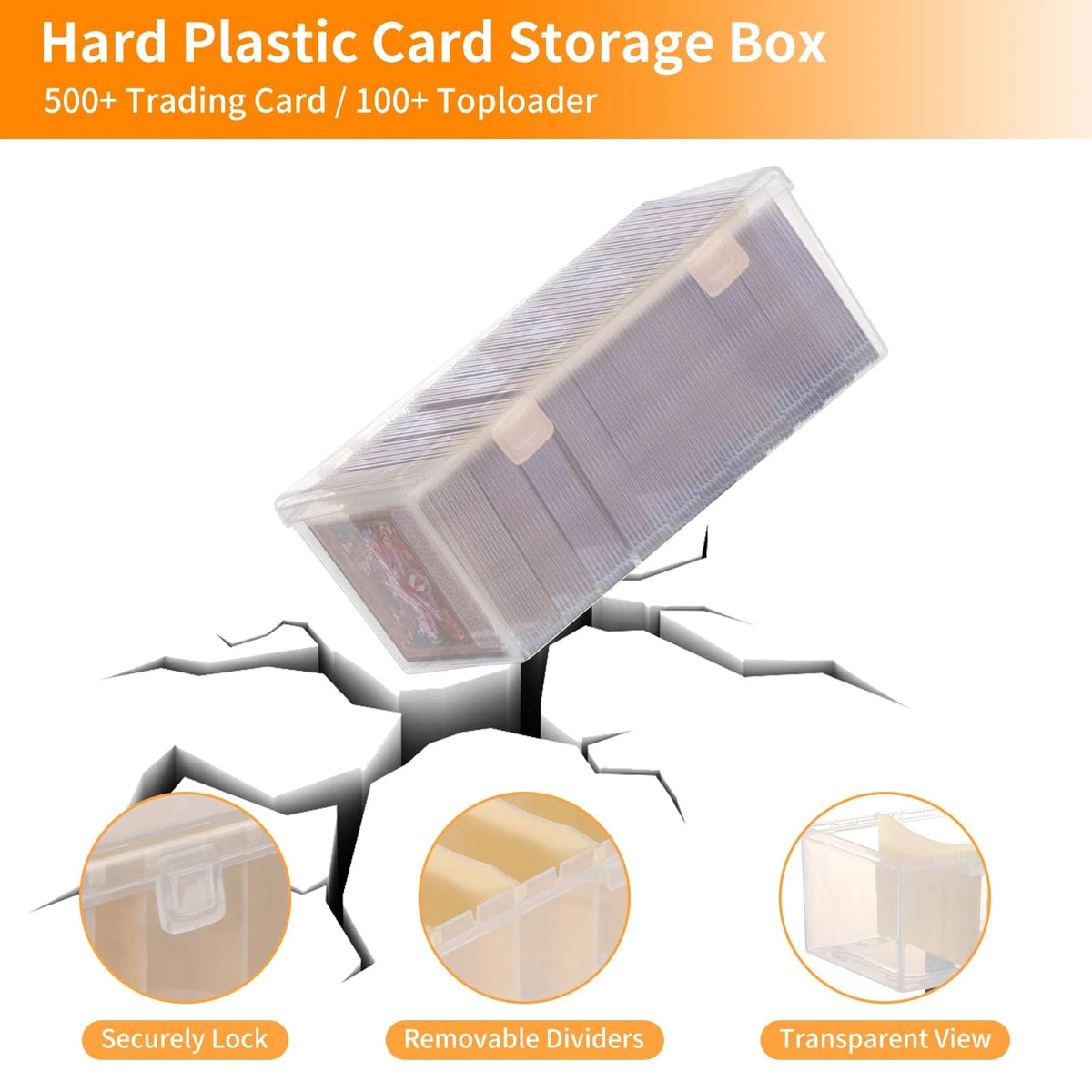 Trading Card Storage Box with 6 Dividers,Toploads 8 x 4.5 x 3.5 inches, Clear
