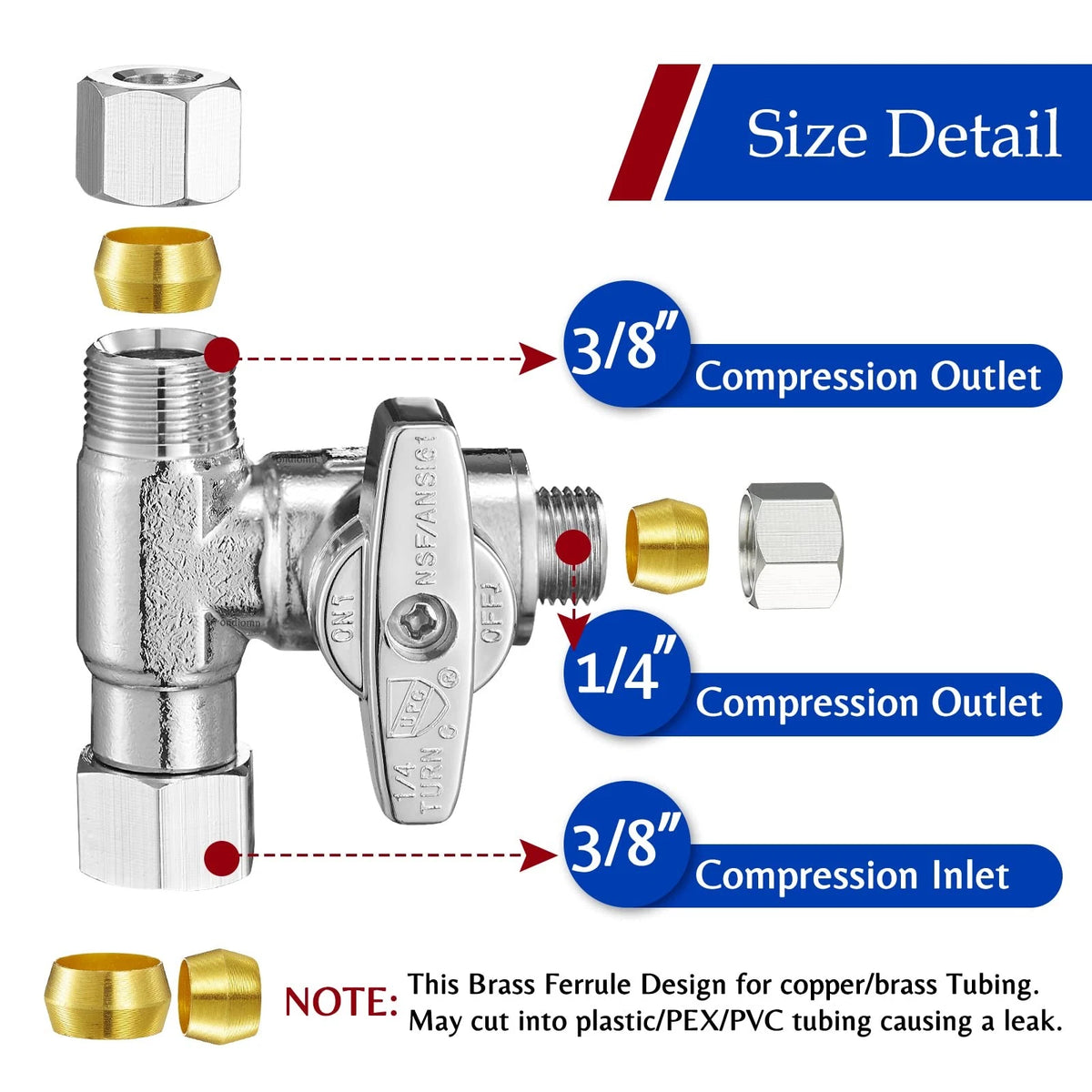 Fridge Water Line Kit Connector - Refrigerator Ice 3/8x3/8x1/4, Chrome-Plated