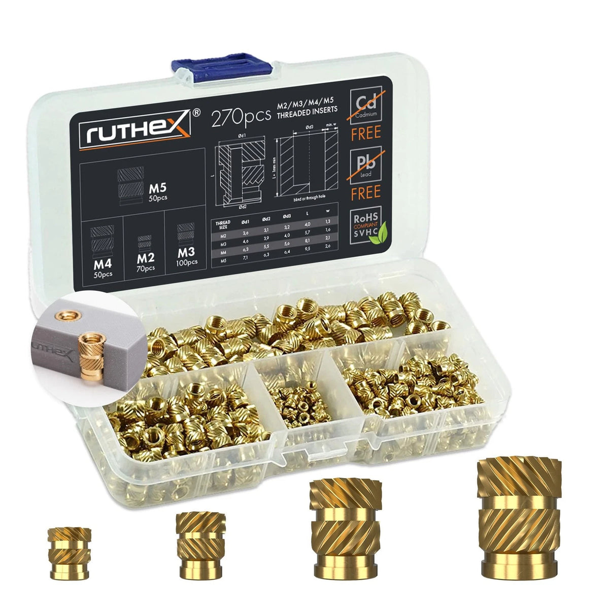 ruthex Threaded Inserts M2 + Box M2/M3/M4/M5 (270pcs), Metric Insert