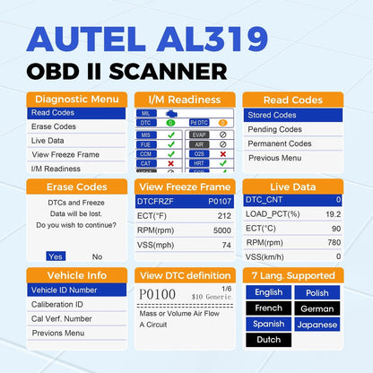 Autel Professional OBD2 Scanner AL319 Code Reader, AL319,