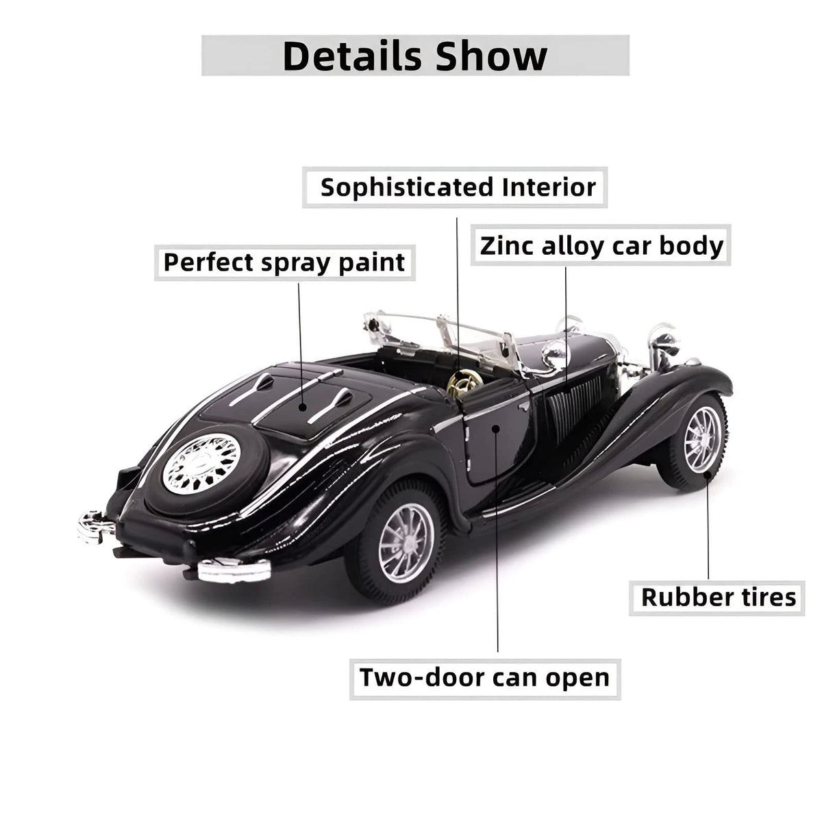 1:28 Scale Pullback Diecast Metal Antique Classic Length 6.5in/16.8cm, Black