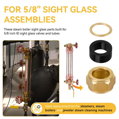 Sight Glass Steamer Parts 5/8" ID Gaskets, Washers, Brass Nuts Black, Gold