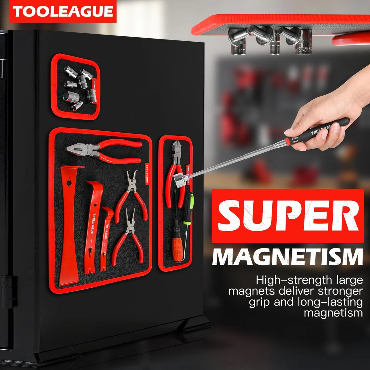 TOOLEAGUE 3Pcs Magnetic Mats with Pickup Tool, Black and Red