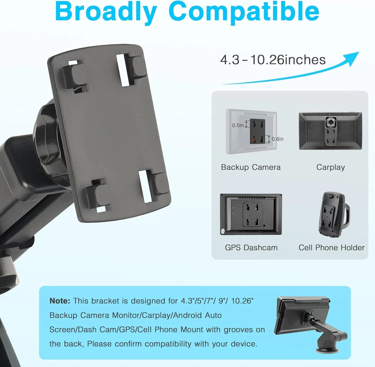 Backup Camera Monitor Mount - Windshield Suction Cup Mounting Bracket, Black