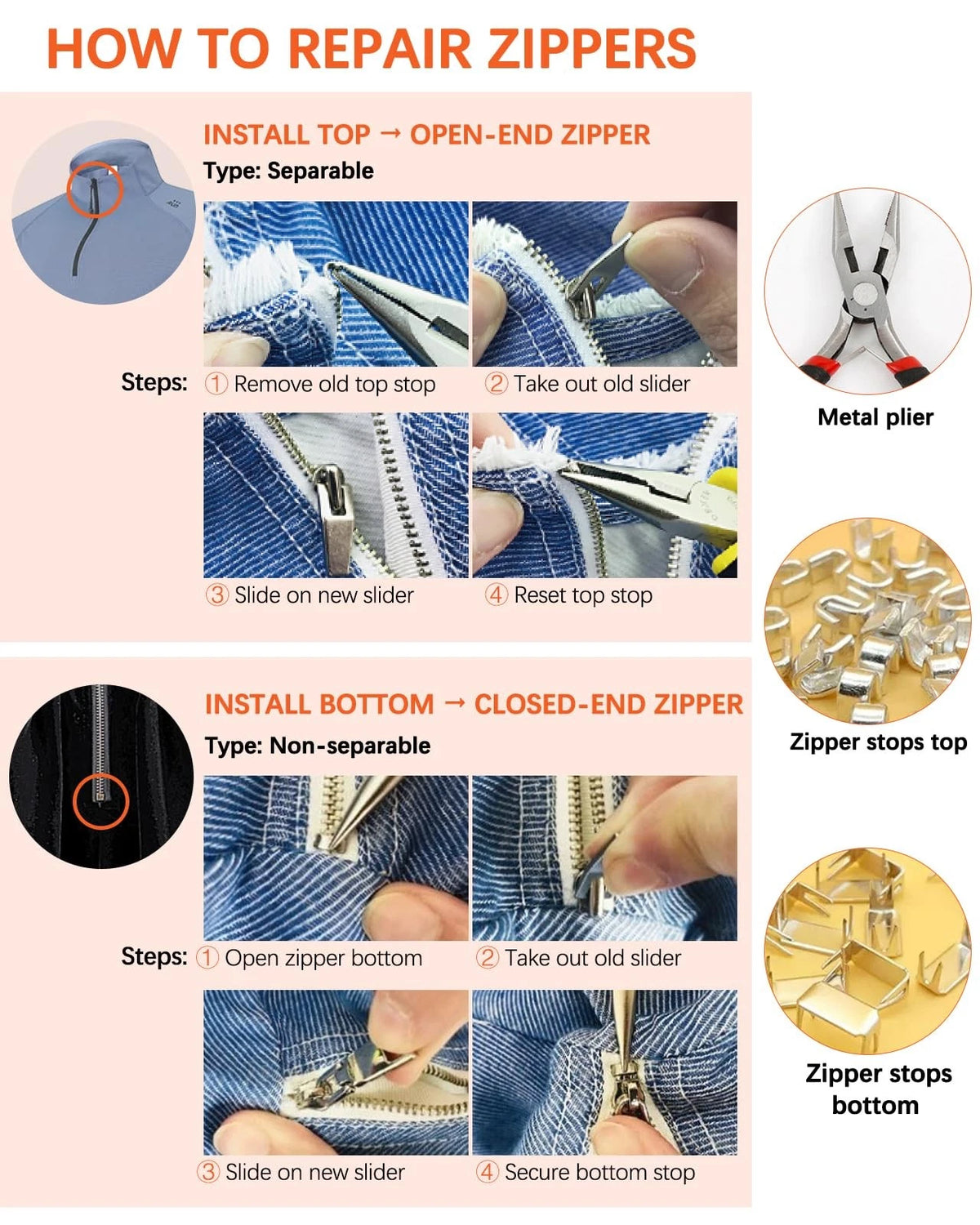 Zipper Repair Kit for YKK Metal, Molded Vislon & Coil Zippers, 16 Pcs