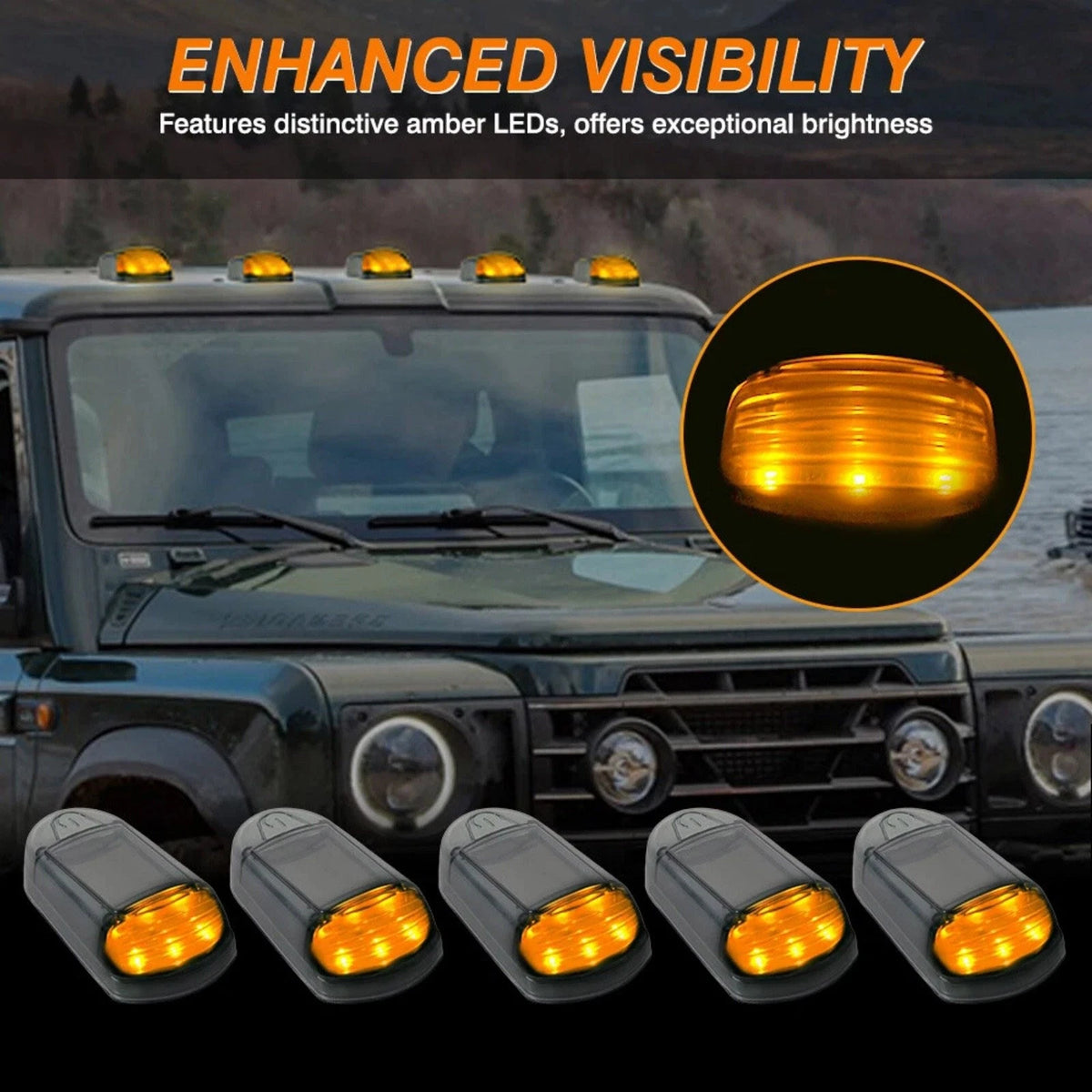 Wireless 5pcs LED Solar Cab Roof Lights With Remote For Trucks Amber Color