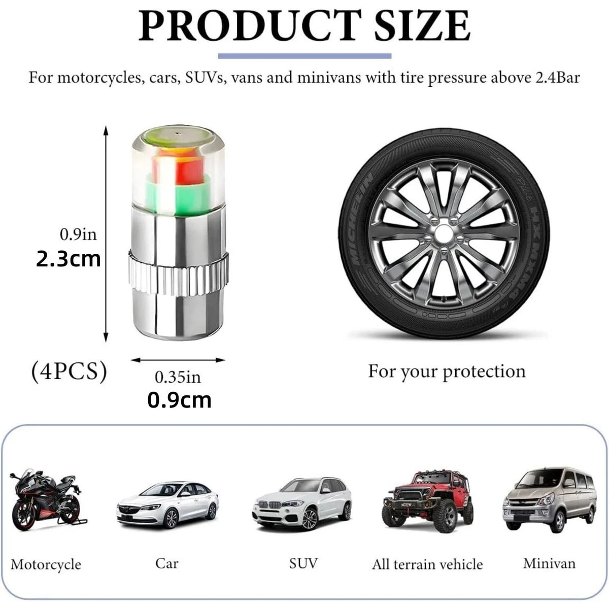 4 PCS Tire Pressure Monitor Valve Caps, 3 Color Visual Alarm Pressure Detectors