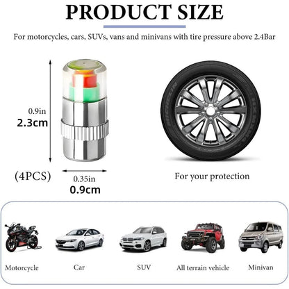 4 PCS Tire Pressure Monitor Valve Caps, 3 Color Visual Alarm Pressure Detectors