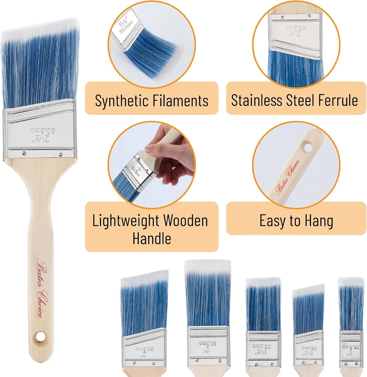 Bates Paint Brushes - 6 Pack, 1", 1.5", 2" Angle Brushes, 4 Blue